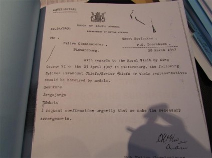 IMG_9672: one of the letters written during the arrangement of the ceremony during which King George the VI allegedly honoured Kgoshi Sekhukhune, Makhado and Hosi Njhaka-njhaka during his visit to Pietersburg in 1947